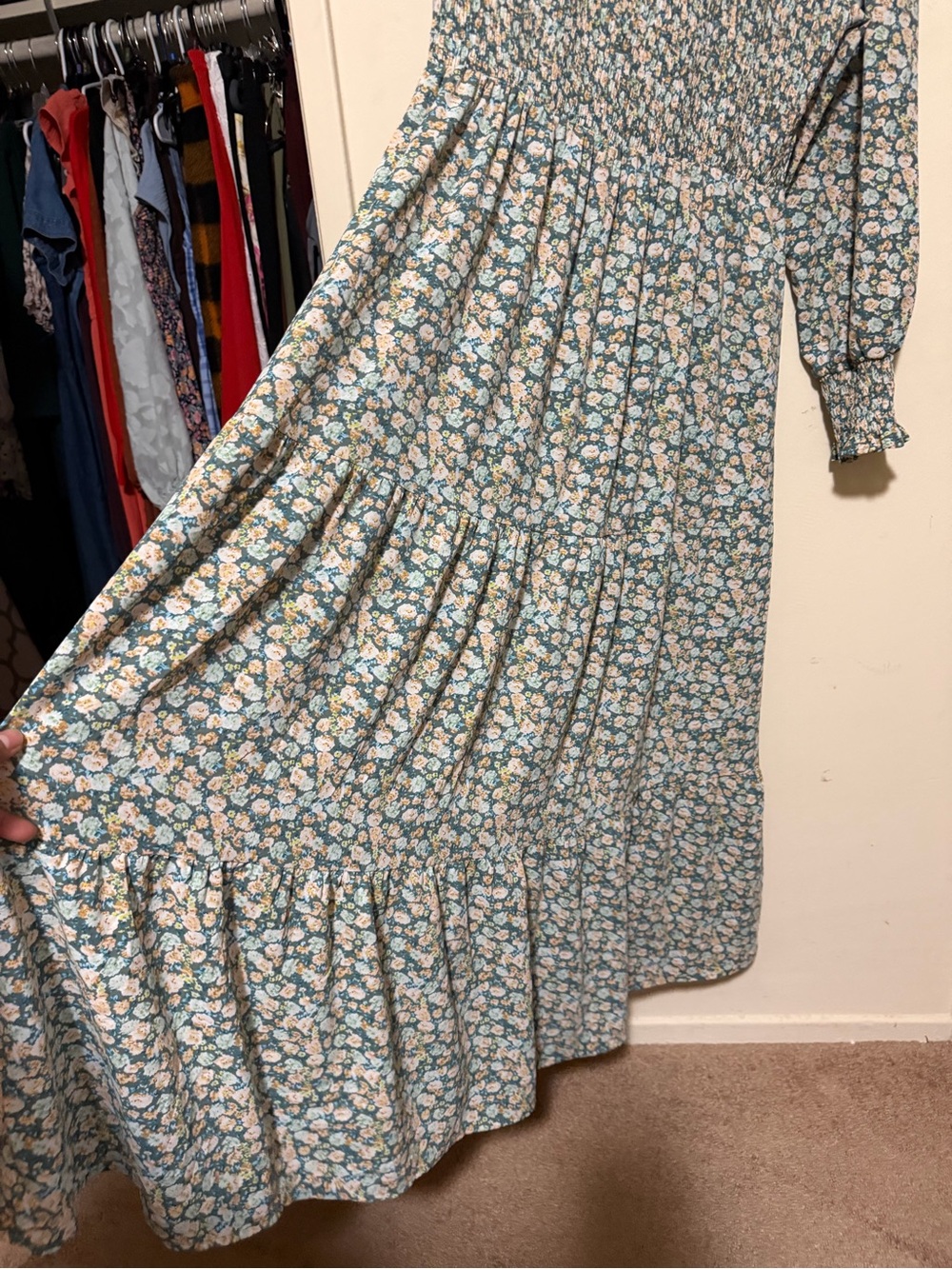 Floral Sage Green Smocked Midi Dress